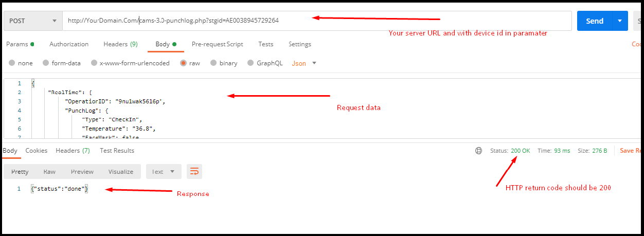 Postman screenshot showing Cams API request configuration