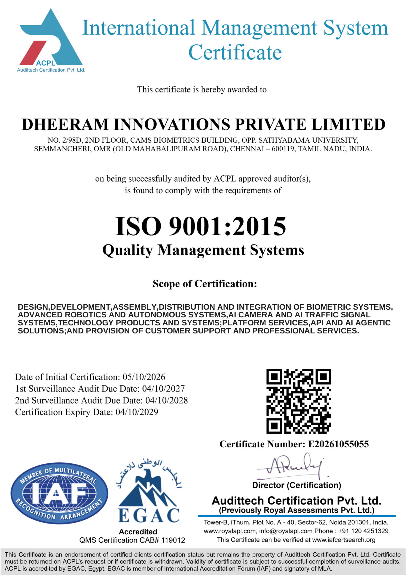ISO 9001:2015 Quality Management Systems certificate issued to Dheeram Innovations Private Limited, certificate number E20261055055